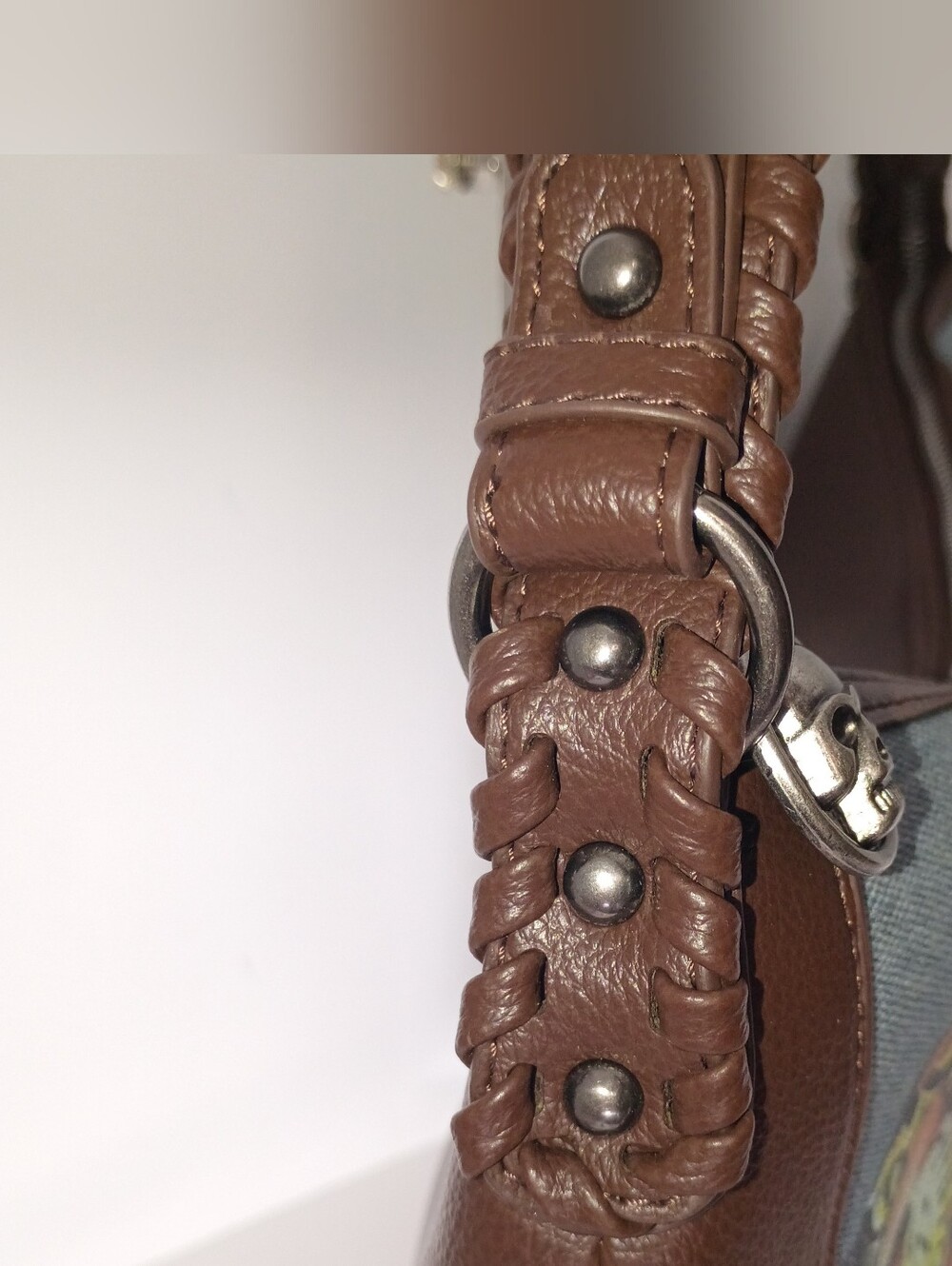 Ed Hardy Embellished Denim/Brown Vegan Leather Shoulder Hobo Bag w/Rhinestone - Picture 6 of 11